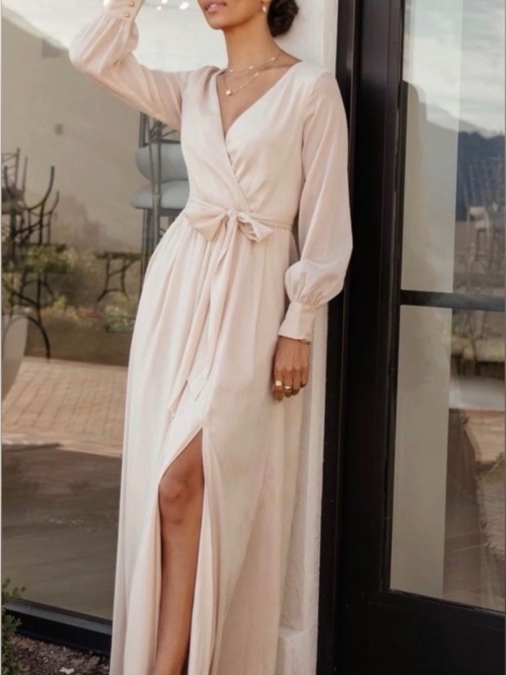 Bohme Elegant Cream Wrap Maxi Dress with Tie Waist